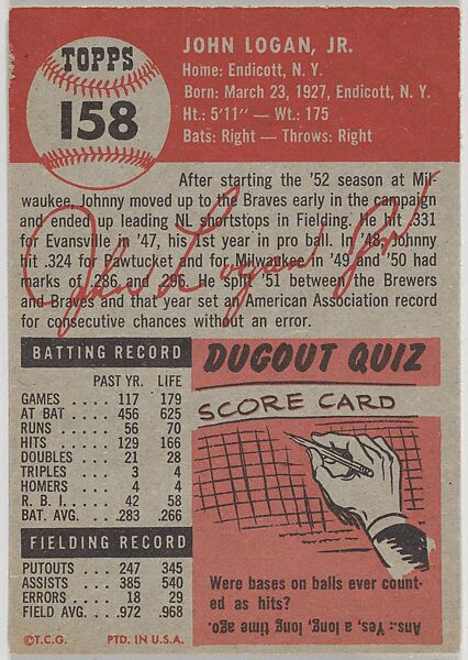 Card Number 158, John Logan, Shortstop, Boston Braves, from the series Topps Dugout Quiz (R414-7), issued by Topps Chewing Gum Company, Issued by Topps Chewing Gum Company (American, Brooklyn), Commercial color lithograph
