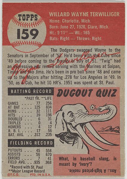 Card Number 159, Wayne Terwilliger, Infielder, Washington Senators, from the series Topps Dugout Quiz (R414-7), issued by Topps Chewing Gum Company, Issued by Topps Chewing Gum Company (American, Brooklyn), Commercial color lithograph