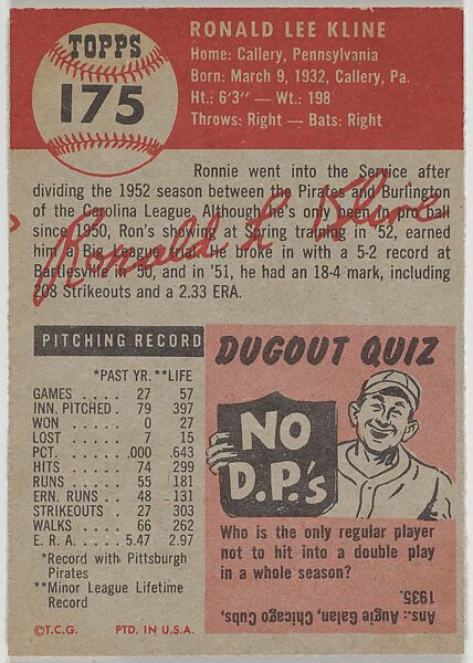 Card Number 175, Ron Kline, Pitcher, Pittsburgh Pirates, from the series Topps Dugout Quiz (R414-7), issued by Topps Chewing Gum Company, Issued by Topps Chewing Gum Company (American, Brooklyn), Commercial color lithograph