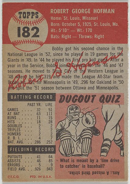 Card Number 182, Bob Hofman, Infielder, New York Giants, from the series Topps Dugout Quiz (R414-7), issued by Topps Chewing Gum Company, Issued by Topps Chewing Gum Company (American, Brooklyn), Commercial color lithograph