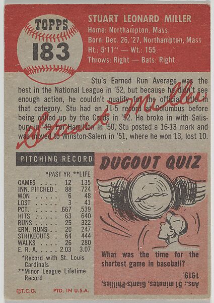 Card Number 183, Stu Miller, Pitcher, St. Louis Cardinals, from the series Topps Dugout Quiz (R414-7), issued by Topps Chewing Gum Company, Issued by Topps Chewing Gum Company (American, Brooklyn), Commercial color lithograph