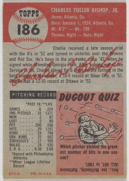 Card Number 186, Charlie Bishop, Pitcher, Philadelphia Athletics, from the series Topps Dugout Quiz (R414-7), issued by Topps Chewing Gum Company, Issued by Topps Chewing Gum Company (American, Brooklyn), Commercial color lithograph