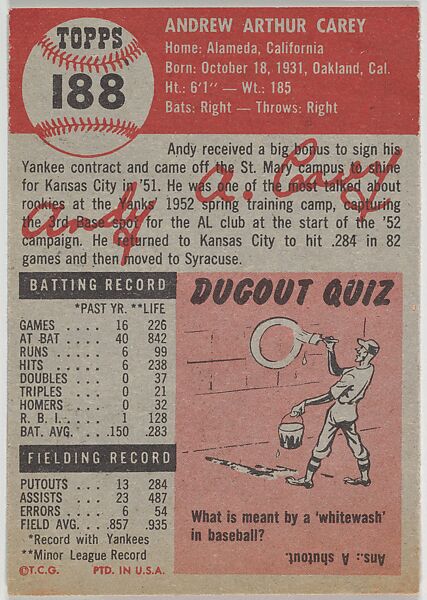 Card Number 188, Andy Carey, Infielder, New York Yankees, from the series Topps Dugout Quiz (R414-7), issued by Topps Chewing Gum Company, Issued by Topps Chewing Gum Company (American, Brooklyn), Commercial color lithograph