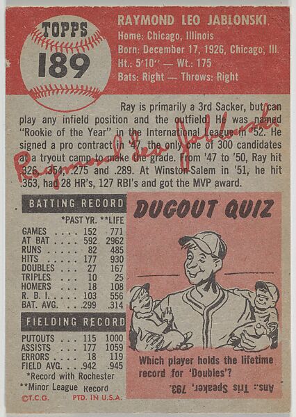 Card Number 189, Ray Jablonski, Third Base, St. Louis Cardinals, from the series Topps Dugout Quiz (R414-7), issued by Topps Chewing Gum Company, Issued by Topps Chewing Gum Company (American, Brooklyn), Commercial color lithograph