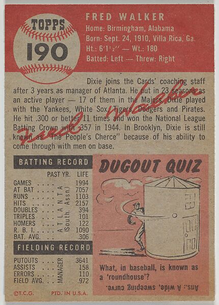 Card Number 190, Dixie Walker, Coach, St. Louis Cardinals, from the series Topps Dugout Quiz (R414-7), issued by Topps Chewing Gum Company, Issued by Topps Chewing Gum Company (American, Brooklyn), Commercial color lithograph