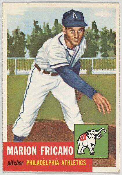 Card Number 199, Marion Fricano, Pitcher, Philadelphia Athletics, from the series Topps Dugout Quiz (R414-7), issued by Topps Chewing Gum Company, Issued by Topps Chewing Gum Company (American, Brooklyn), Commercial color lithograph 