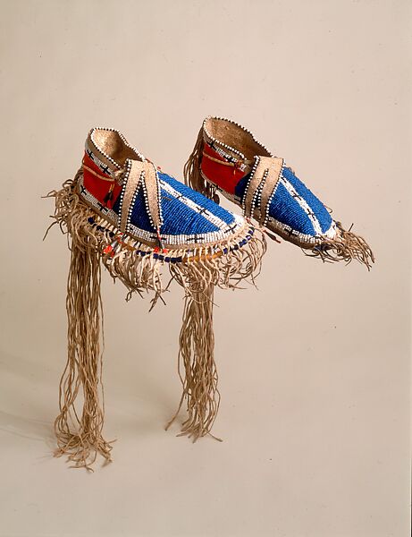 Man’s Moccasins, Native-tanned leather, glass beads, wool cloth, metal cones, porcupine quills, Probably Lakota (Teton Sioux) 