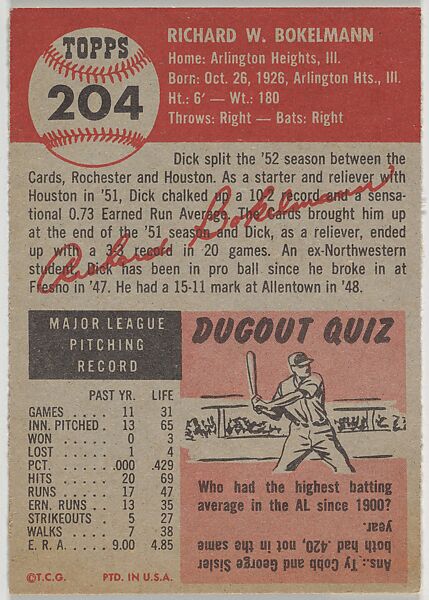 Card Number 204, Dick Bokelmann, Pitcher, St. Louis Cardinals, from the series Topps Dugout Quiz (R414-7), issued by Topps Chewing Gum Company, Issued by Topps Chewing Gum Company (American, Brooklyn), Commercial color lithograph