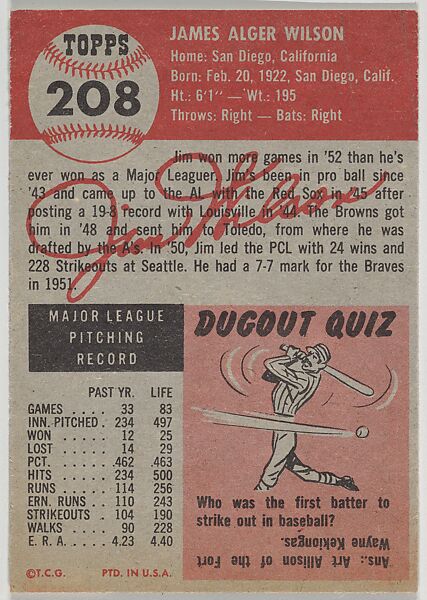Card Number 208, Jim Wilson, Pitcher, Milwaukee Braves, from the series Topps Dugout Quiz (R414-7), issued by Topps Chewing Gum Company, Issued by Topps Chewing Gum Company (American, Brooklyn), Commercial color lithograph