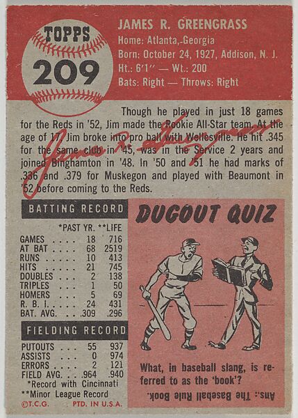 Card Number 209, Jim Greengrass, Outfielder, Cincinnati Reds, from the series Topps Dugout Quiz (R414-7), issued by Topps Chewing Gum Company, Issued by Topps Chewing Gum Company (American, Brooklyn), Commercial color lithograph