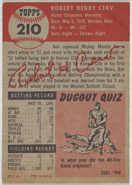 Card Number 210, Bob Cerv, Outfielder, New York Yankees, from the series Topps Dugout Quiz (R414-7), issued by Topps Chewing Gum Company, Issued by Topps Chewing Gum Company (American, Brooklyn), Commercial color lithograph