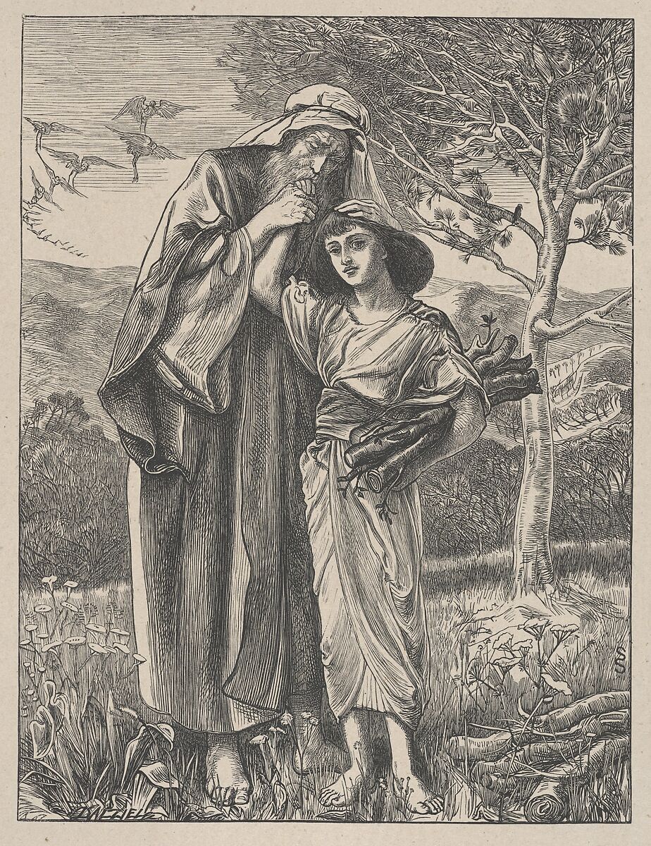 Abraham and Isaac, from "Dalziels' Bible Gallery", After Simeon Solomon (British, London 1840–1905 London), Wood engraving on India paper, mounted on thin card 