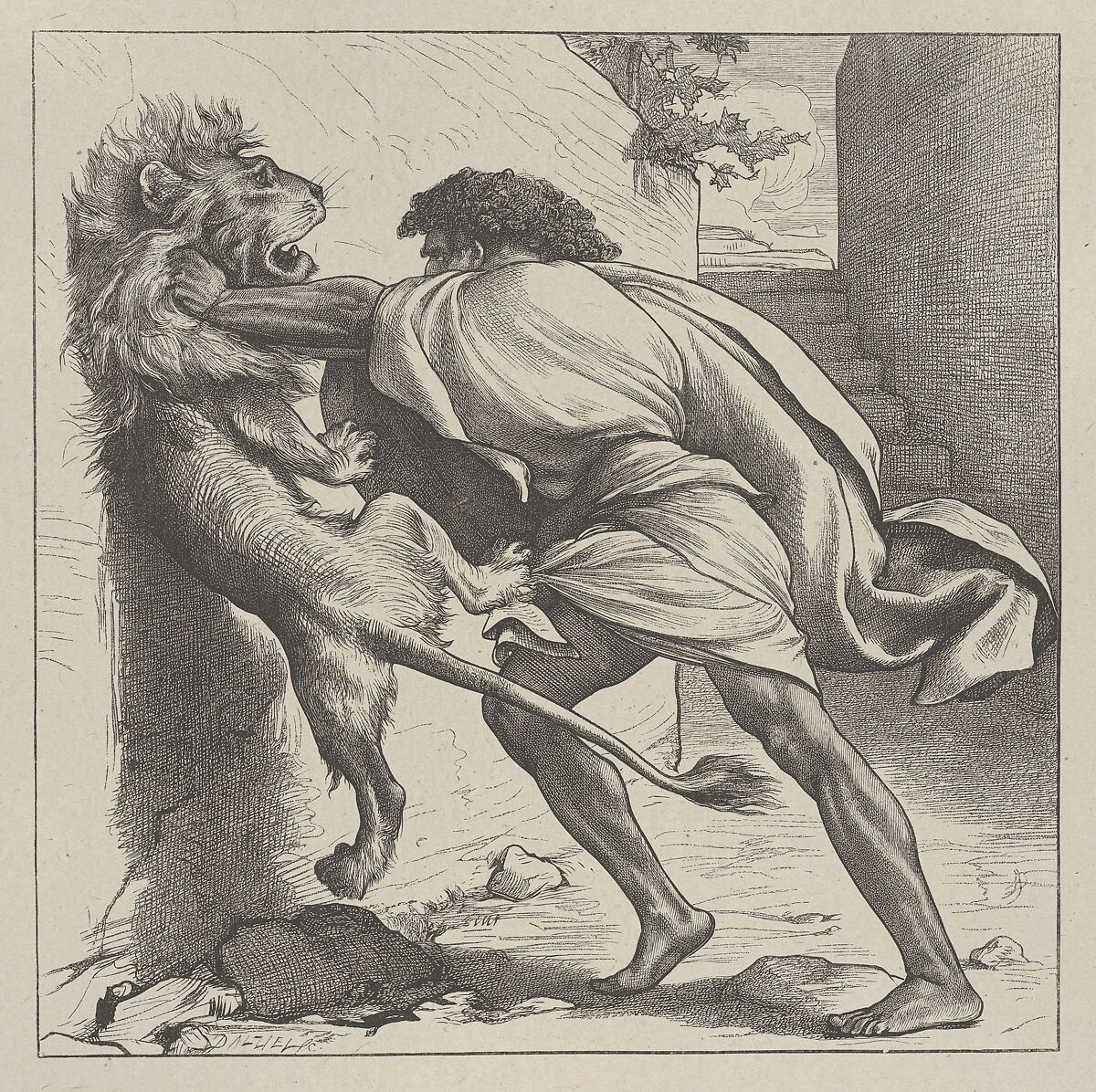 Samson and the Lion, from "Dalziels' Bible Gallery", After Frederic, Lord Leighton (British, Scarborough 1830–1896 London), Wood engraving on India paper, mounted on thin card 