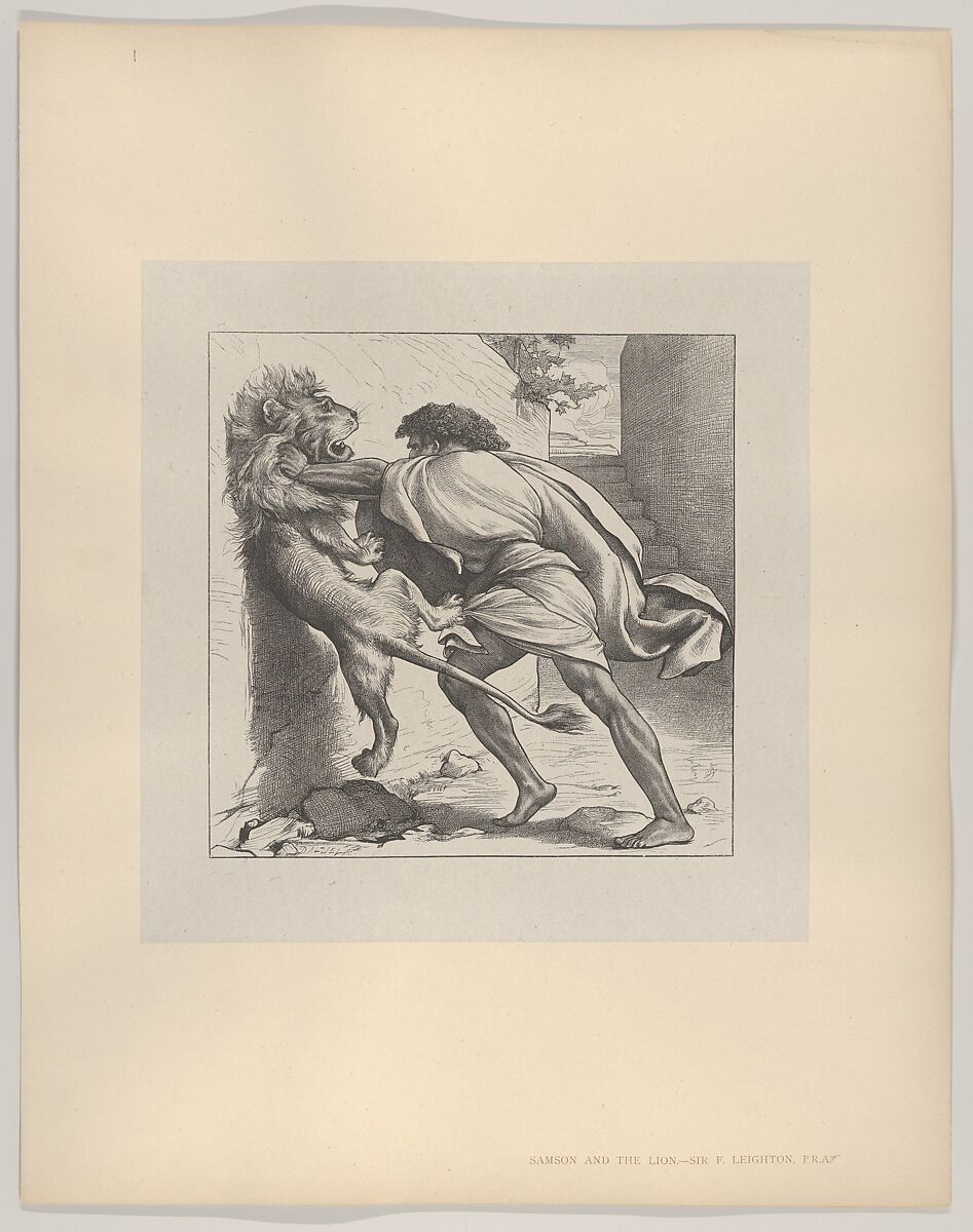 Samson and the Lion, from "Dalziels' Bible Gallery", After Frederic, Lord Leighton (British, Scarborough 1830–1896 London), Wood engraving on India paper, mounted on thin card