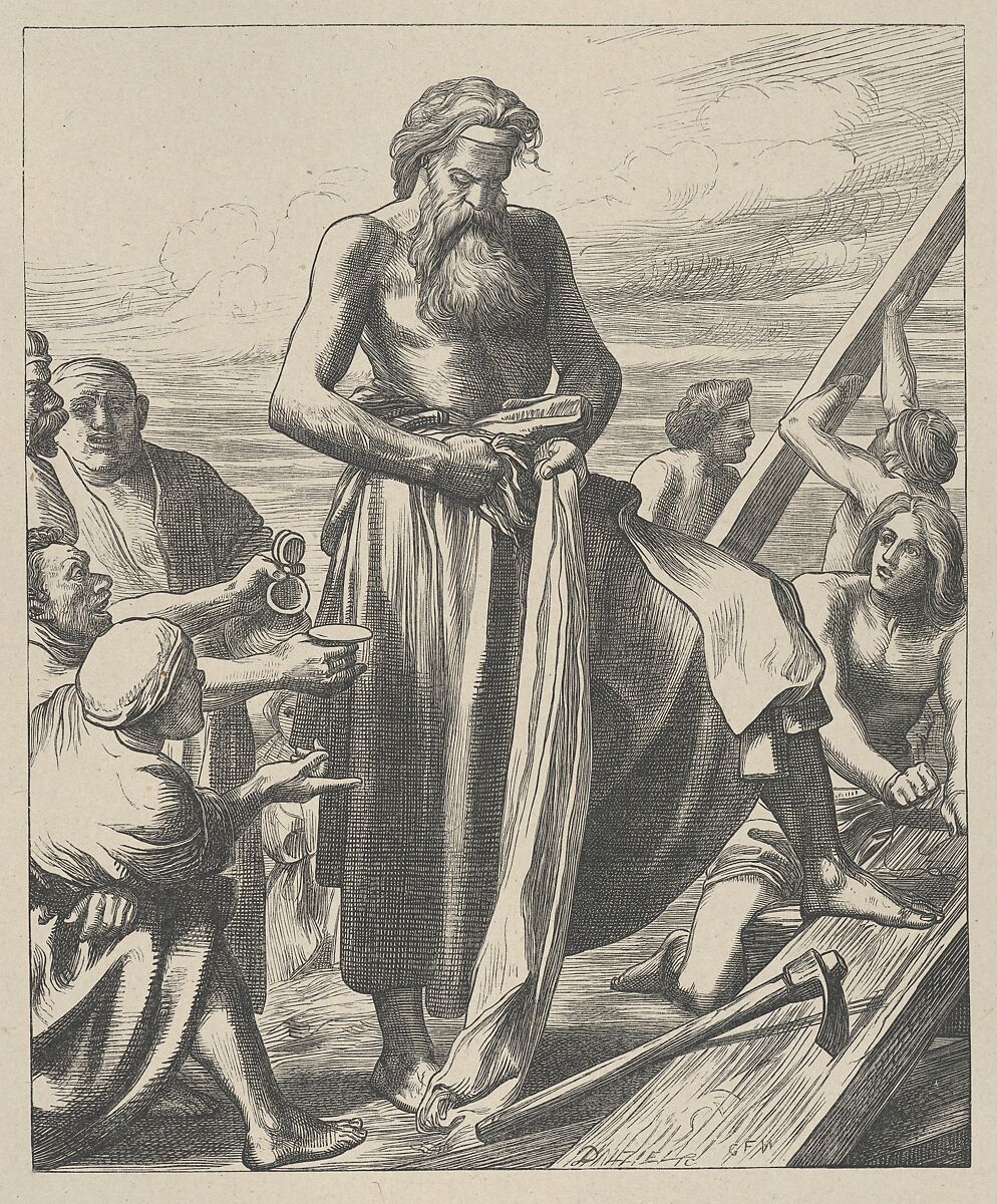 Noah Building the Ark, from "Dalziels' Bible Gallery", After George Frederic Watts (British, London 1817–1904 London), Wood engraving on India paper, mounted on thin card 
