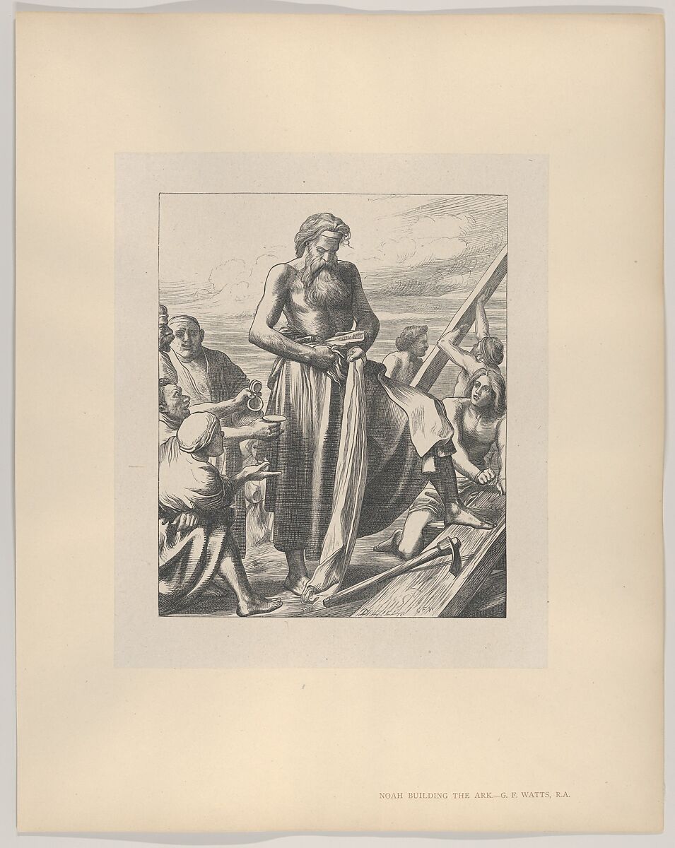 Noah Building the Ark, from "Dalziels' Bible Gallery", After George Frederic Watts (British, London 1817–1904 London), Wood engraving on India paper, mounted on thin card