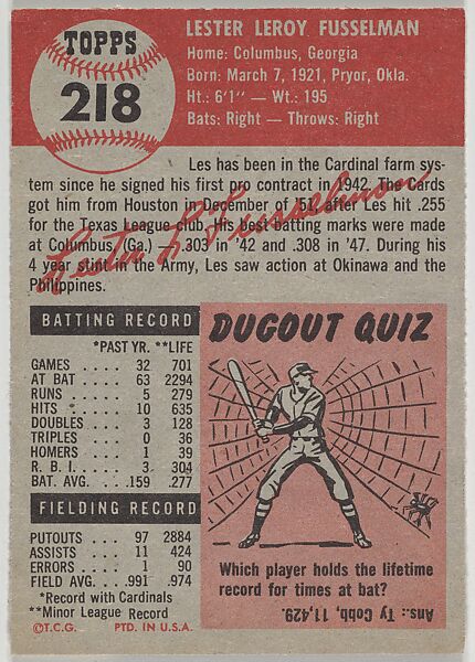 Card Number 218, Les Fusselman, Catcher, St. Louis Cardinals, from the series Topps Dugout Quiz (R414-7), issued by Topps Chewing Gum Company, Issued by Topps Chewing Gum Company (American, Brooklyn), Commercial color lithograph