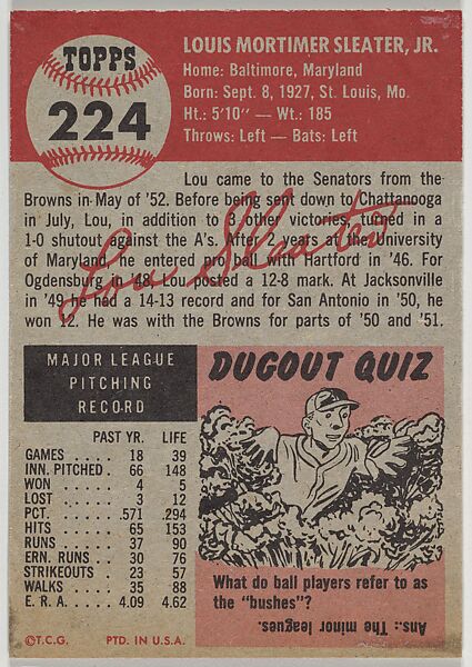 Card Number 224, Lou Sleater, Pitcher, Washington Senators, from the series Topps Dugout Quiz (R414-7), issued by Topps Chewing Gum Company, Issued by Topps Chewing Gum Company (American, Brooklyn), Commercial color lithograph