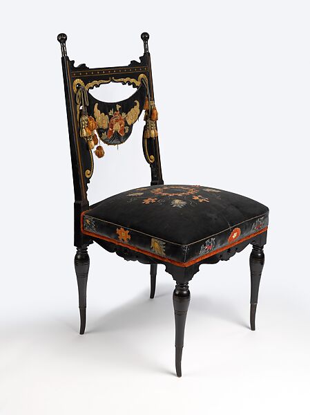 Side chair from the Moorish reception room of the Worsham-Rockefeller House, George A. Schastey &amp; Co. (American, New York, 1873–1897), Ebonized cherry, brass, and original appliqués on later upholstery, American 