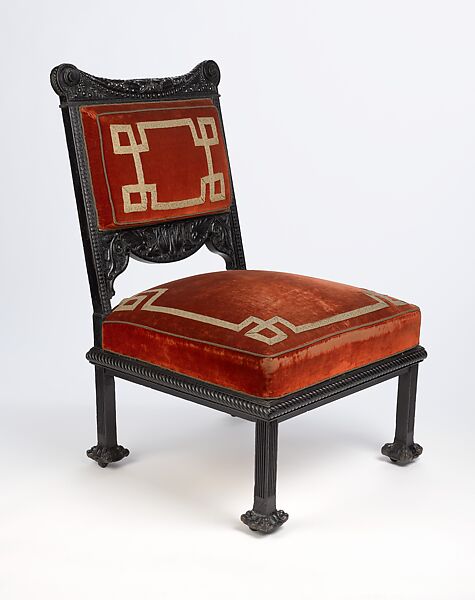 Side chair from the drawing room of the Worsham-Rockefeller House, George A. Schastey &amp; Co. (American, New York, 1873–1897), Ebonized oak, metal casters, and later upholstery, American 