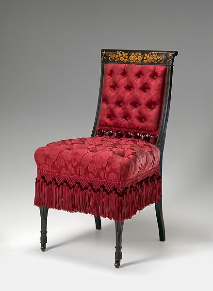 Side chair from the bedroom of the Worsham-Rockefeller House, George A. Schastey &amp; Co. (American, New York, 1873–1897), Ebonized cherry, other woods, brass casters, and reproduction upholstery, American 