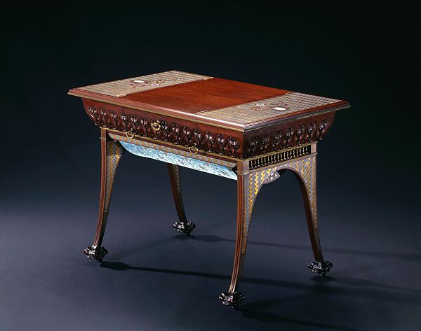 Worktable from the bedroom of the Worsham-Rockefeller House, George A. Schastey &amp; Co. (American, New York, 1873–1897), Purpleheart, satinwood, walnut, mahogany, poplar, brass, pewter or lead, mother-of-pearl, glass, colored resin, and original and reproduction textiles, American 