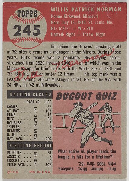 Card Number 245, Bill Norman, Coach, St. Louis Browns, from the series Topps Dugout Quiz (R414-7), issued by Topps Chewing Gum Company, Issued by Topps Chewing Gum Company (American, Brooklyn), Commercial color lithograph