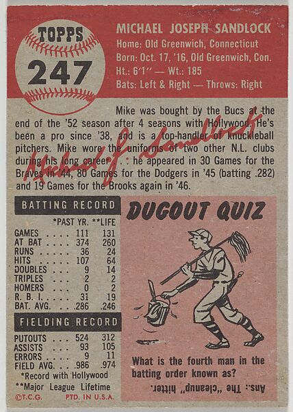 Card Number 247, Mike Sandlock, Catcher, Pittsburgh Pirates, from the series Topps Dugout Quiz (R414-7), issued by Topps Chewing Gum Company, Issued by Topps Chewing Gum Company (American, Brooklyn), Commercial color lithograph