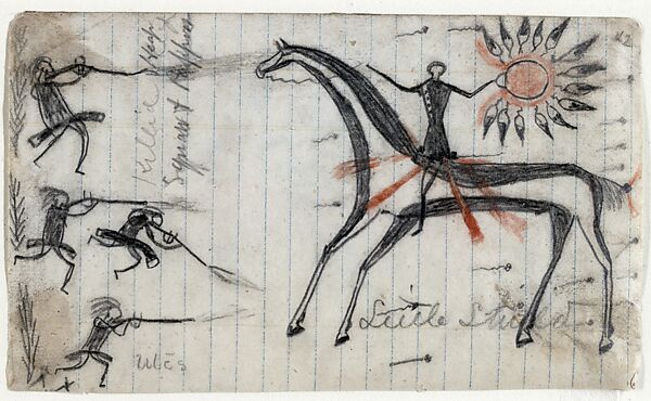 Drawings of Exploits in Battle, Little Shield (Native American, Arapaho, active 19th century), Graphite and ink on paper, Arapaho 