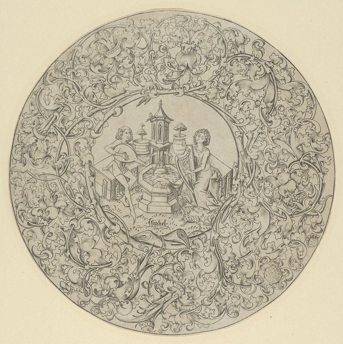 Garden of Love, Within Large Ornamented Circular Frame, Israhel van Meckenem (German, Meckenem ca. 1440/45–1503 Bocholt), Engraving 