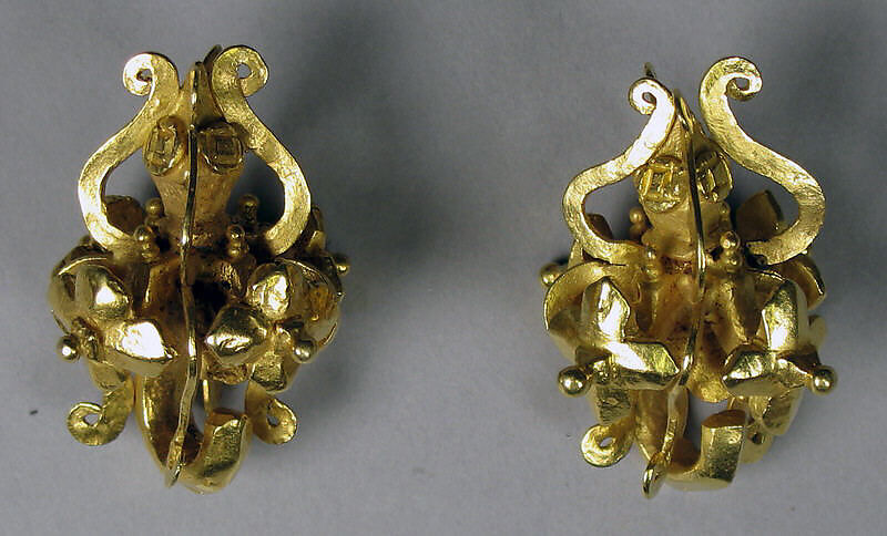 Pair of Large Hexagonal Ear Ornaments, Gold, Sulawesi, Eastern Java 
