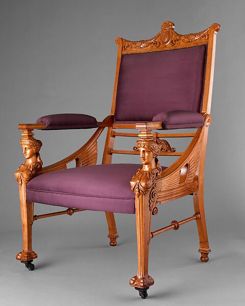 Armchair from the drawing room of the Samuel Nickerson House, Chicago, Illinois, George A. Schastey &amp; Co. (American, New York, 1873–1897), Satinwood, brass, and modern upholstery, American 