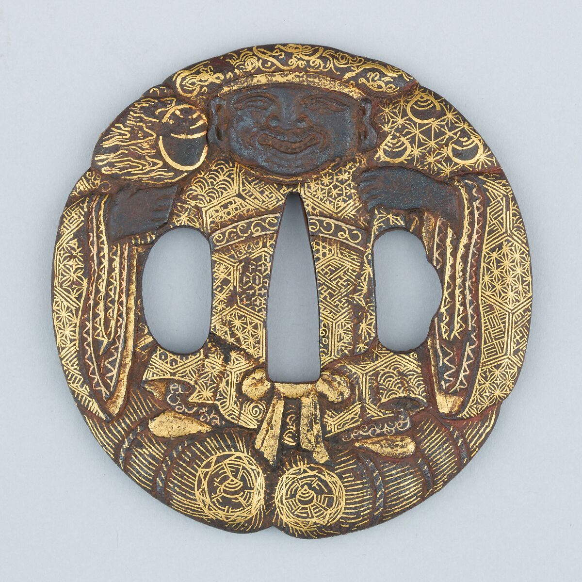 Sword Guard (Tsuba), Iron, gold (nunome-zōgan), copper, Japanese 