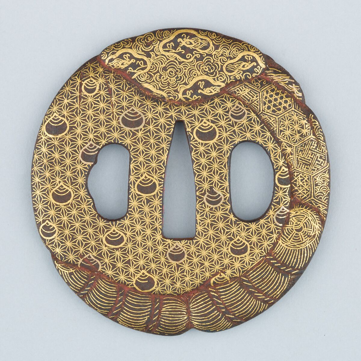 Sword Guard (Tsuba), Iron, gold (nunome-zōgan), copper, Japanese