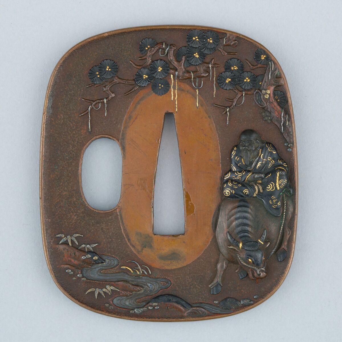 Sword Guard (Tsuba), Copper, copper-gold alloy (shakudō), gold, Japanese 