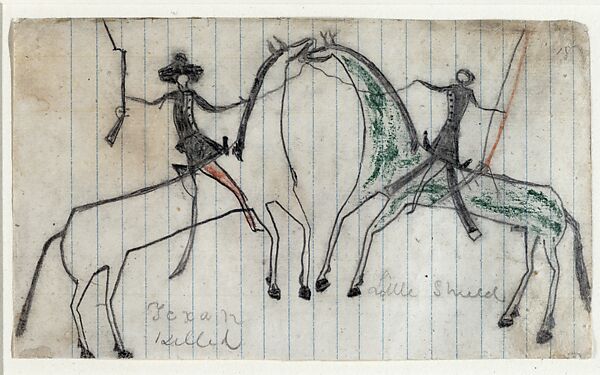 Drawings of Exploits in Battle, Little Shield (Native American, Arapaho, active 19th century), Graphite and ink on paper, Arapaho 
