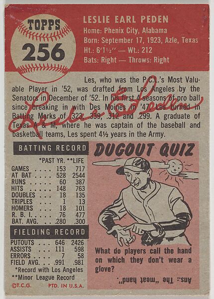 Card Number 256, Les Peden, Catcher, Washington Senators, from the series Topps Dugout Quiz (R414-7), issued by Topps Chewing Gum Company, Issued by Topps Chewing Gum Company (American, Brooklyn), Commercial color lithograph