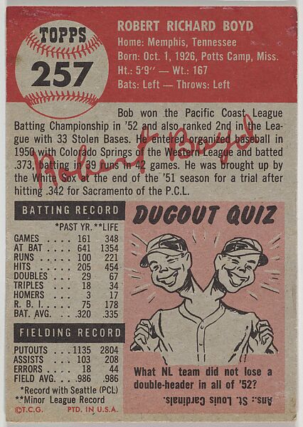 Card Number 257, Bob Boyd, First Base, Chicago White Sox, from the series Topps Dugout Quiz (R414-7), issued by Topps Chewing Gum Company, Issued by Topps Chewing Gum Company (American, Brooklyn), Commercial color lithograph