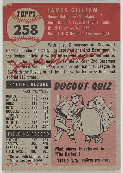 Card Number 258, Jim Gilliam, Second Base, Brooklyn Dodgers, from the series Topps Dugout Quiz (R414-7), issued by Topps Chewing Gum Company, Issued by Topps Chewing Gum Company (American, Brooklyn), Commercial color lithograph