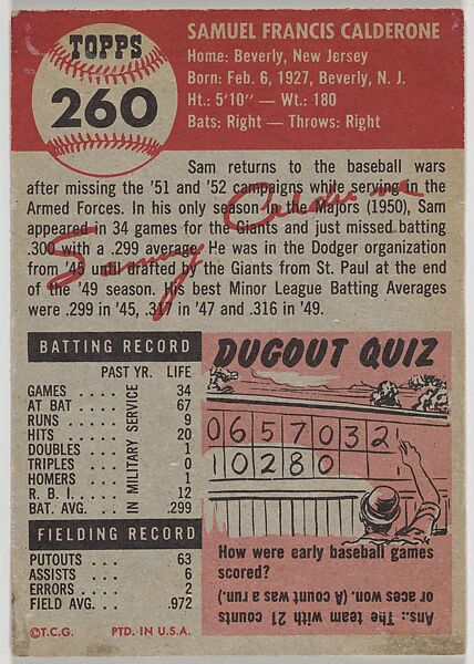 Card Number 260, Sam Calderone, Catcher, New York Giants, from the series Topps Dugout Quiz (R414-7), issued by Topps Chewing Gum Company, Issued by Topps Chewing Gum Company (American, Brooklyn), Commercial color lithograph