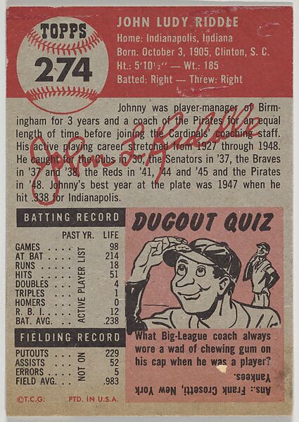Card Number 274, John Riddle, Coach, St. Louis Cardinals, from the series Topps Dugout Quiz (R414-7), issued by Topps Chewing Gum Company, Issued by Topps Chewing Gum Company (American, Brooklyn), Commercial color lithograph