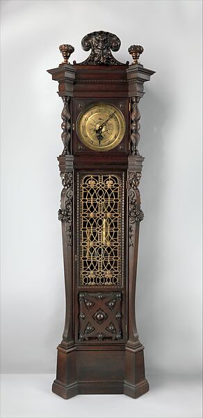 Tall case clock, probably from the William Clark House, Newark, New Jersey, Case by George A. Schastey &amp; Co. (American, New York, 1873–1897), Ebonized oak, leaded glass, and brass, American 
