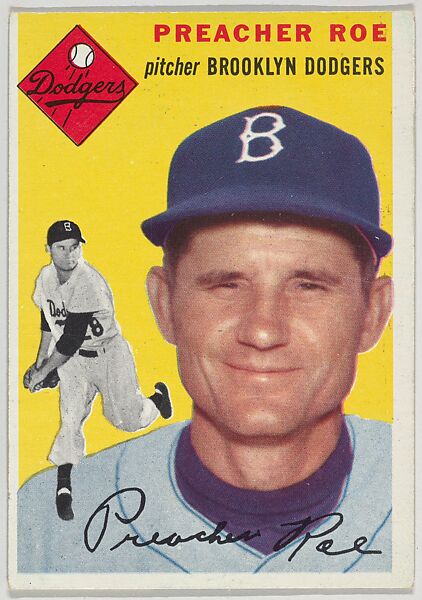 Card Number 14, Preacher Roe, Pitcher, Brooklyn Dodgers, from "1954 Topps Regular Issue" series (R414-8), issued by Topps Chewing Gum Company., Issued by Topps Chewing Gum Company (American, Brooklyn), Commercial color lithograph 