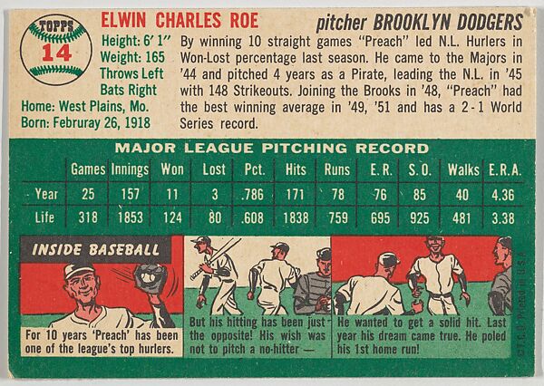 Card Number 14, Preacher Roe, Pitcher, Brooklyn Dodgers, from "1954 Topps Regular Issue" series (R414-8), issued by Topps Chewing Gum Company., Issued by Topps Chewing Gum Company (American, Brooklyn), Commercial color lithograph