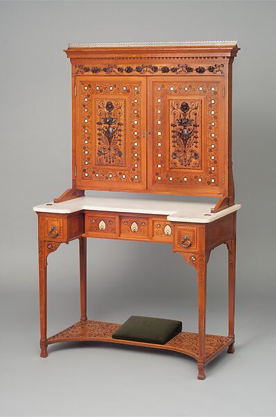 Dressing table, George A. Schastey &amp; Co. (American, New York, 1873–1897), Satinwood, purpleheart, white pine, marble, mother-of-pearl, silver-plated drawer pulls, brass, mirrored glass, and upholstered footrest with replaced velvet, American 