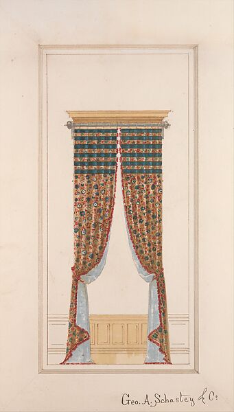 Design drawing for window treatment for the Hegeler House, La Salle, Illinois, George A. Schastey &amp; Co. (American, New York, 1873–1897), Pen and ink, transparent and opaque watercolor, metallic pigment, and graphite on wove paper, American 