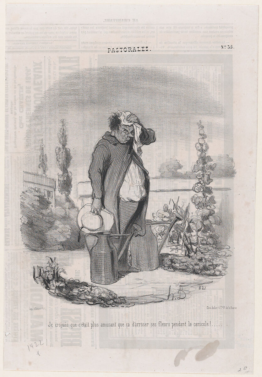 I thought it would be more fun than this to water flowers during a heatwave!, from "Romance of Country Life", Honoré Daumier (French, Marseilles 1808–1879 Valmondois), Lithograph on newsprint; second state of two (Delteil) 