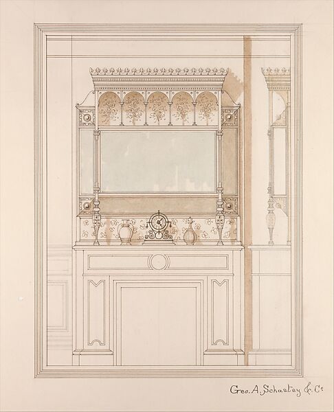 Design drawing for an overmantel for the Hegeler House, La Salle, Illinois, George A. Schastey &amp; Co. (American, New York, 1873–1897), Pen and ink, watercolor, and graphite on wove paper, American 