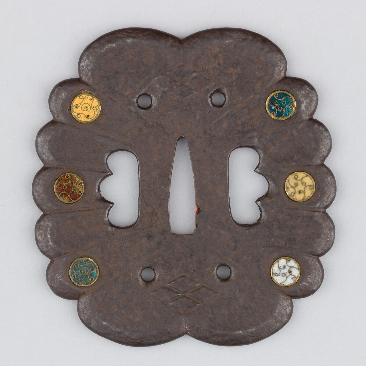 Sword Guard (Tsuba), Iron, enameled cloisonné (shippō), gold, Japanese