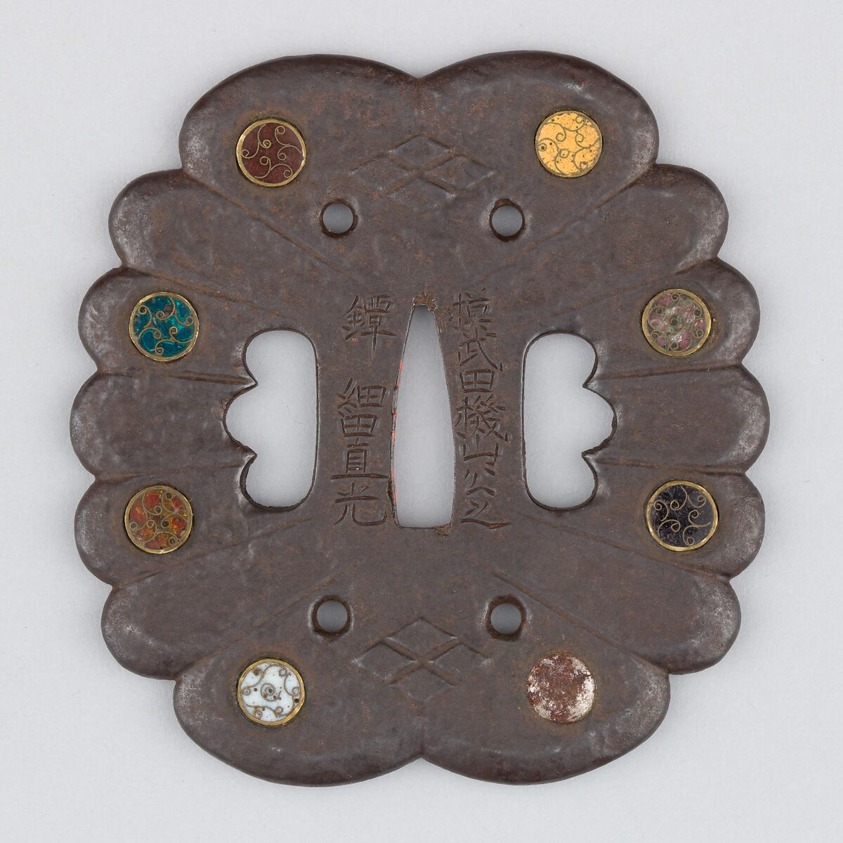 Sword Guard (Tsuba), Iron, enameled cloisonné (shippō), gold, Japanese 